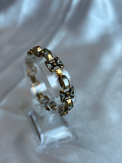 Bracelet vintage en or de Tolède fleur doré noir nacré