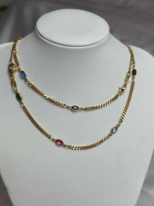 Collier vintage en plaqué or sautoir long avec pierres plusieurs couleurs